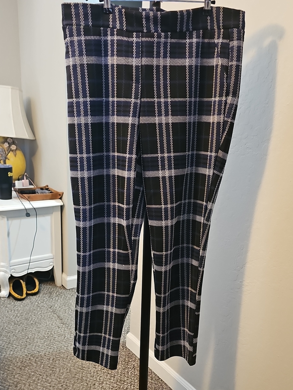 Black And Blue Plaid Women's Polyester Pants